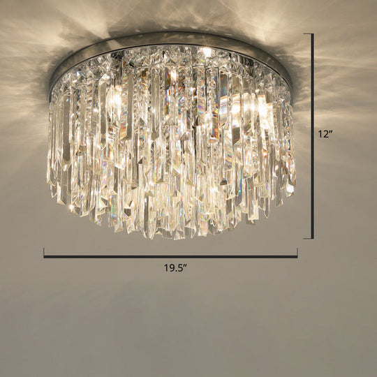 Modern Round Flushmount Bedroom Ceiling Light With Clear Crystal Icicles Chrome / 19.5