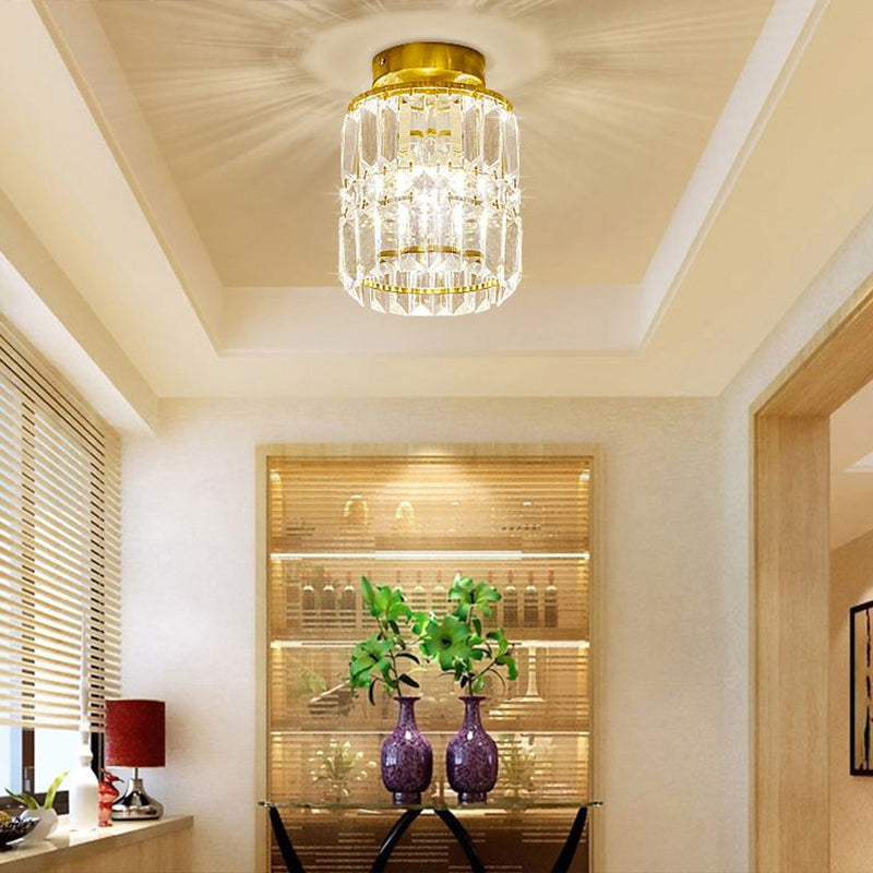 Simple Crystal Cylinder Ceiling Light With Brass Finish - Semi - Mount Kitchen Lighting