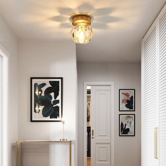 Simple And Elegant Mini Faceted Crystal Flush Light In Gold - Ideal For Corridors Small Spaces