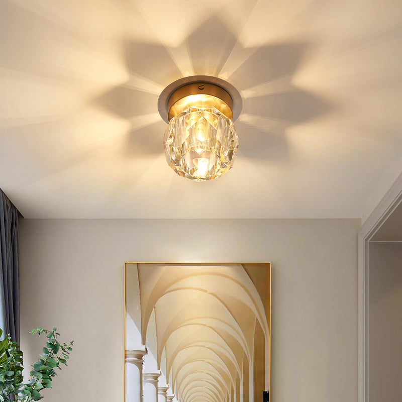 Simple And Elegant Mini Faceted Crystal Flush Light In Gold - Ideal For Corridors Small Spaces