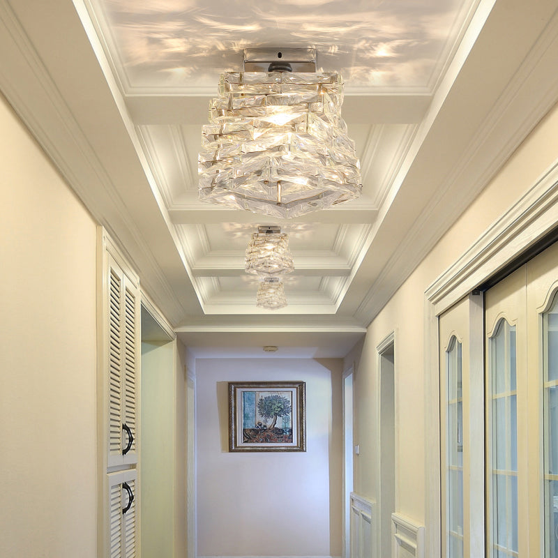 Crystal Spiral Square Ceiling Lamp - Modern 1-Light Semi Mount For Hallways