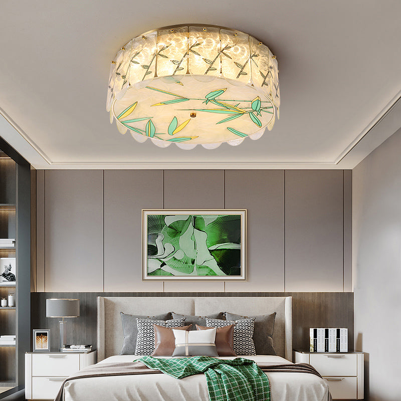 Gold Led Crystal Flush Ceiling Light: Hand - Painted Drum Design Modern Bedroom Fixture