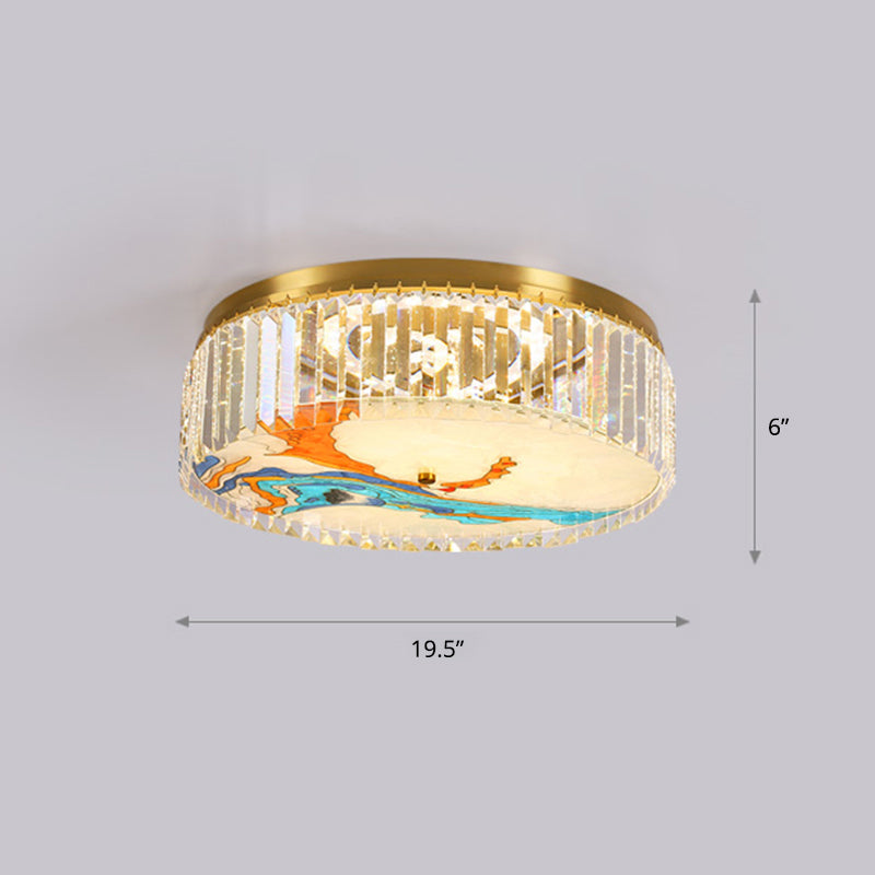 Gold Led Crystal Flush Ceiling Light: Hand - Painted Drum Design Modern Bedroom Fixture / River