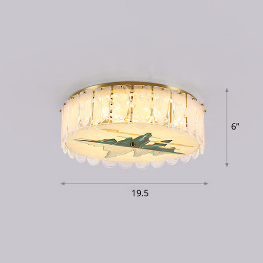 Gold Led Crystal Flush Ceiling Light: Hand-Painted Drum Design Modern Bedroom Fixture / Mountain