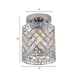 1-Light Crystal Embedded Flush Mount Lamp With Chrome Finish For Aisle- Cylindrical Design
