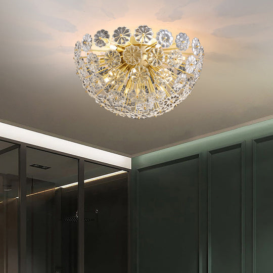 Stunning Crystal Flower Semi Mount Ceiling Light In Modern Gold Finish - Perfect For Bedrooms