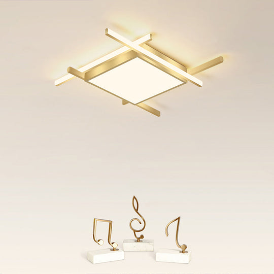 Gold Metal Bedroom Ceiling Light - Minimalist Square Flush Mount Fixture