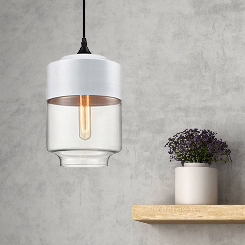 Modern 1-Light Drum/Cylinder/Jar Suspension Pendant – Clear/Yellow Glass White/Black Fixture