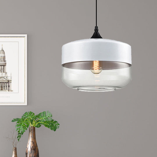 Modern 1-Light Glass Suspension Pendant In White/Black - 5/7/8 Wide Drum/Cylinder/Jar Clear/Yellow