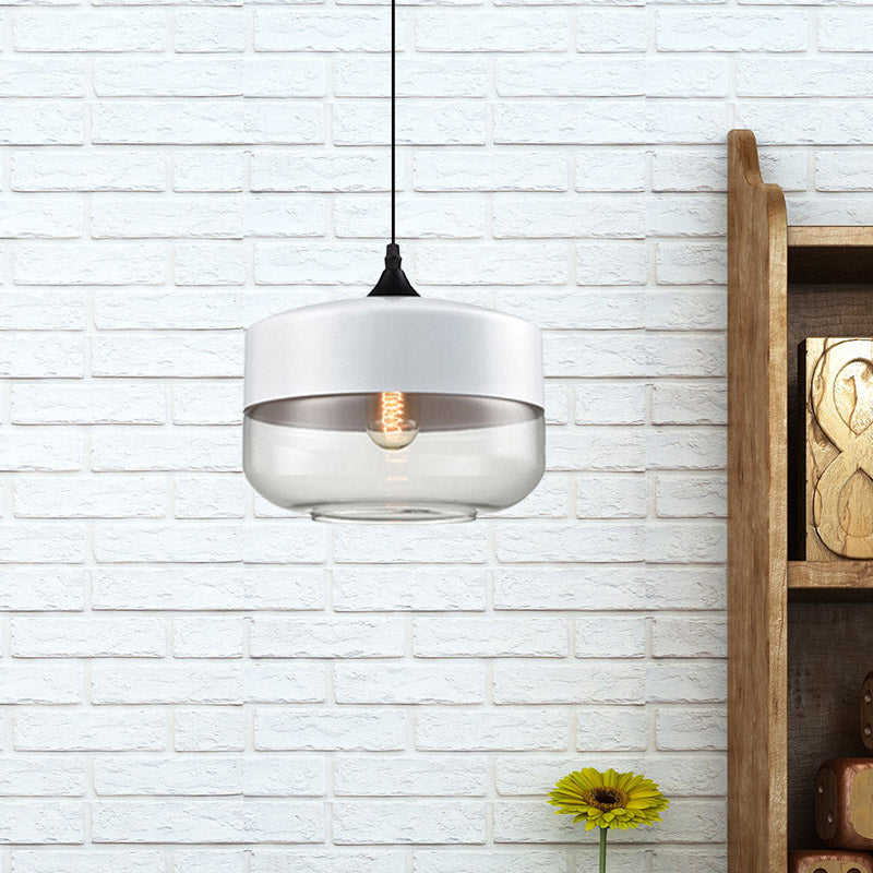 Modern 1-Light Drum/Cylinder/Jar Suspension Pendant – Clear/Yellow Glass White/Black Fixture