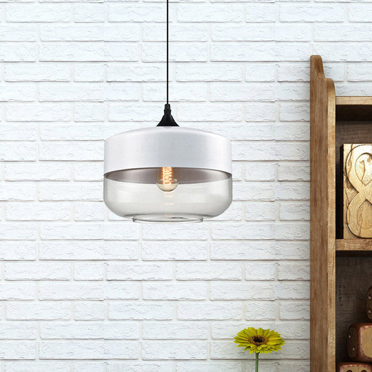Modern 1-Light Drum/Cylinder/Jar Suspension Pendant – Clear/Yellow Glass White/Black Fixture