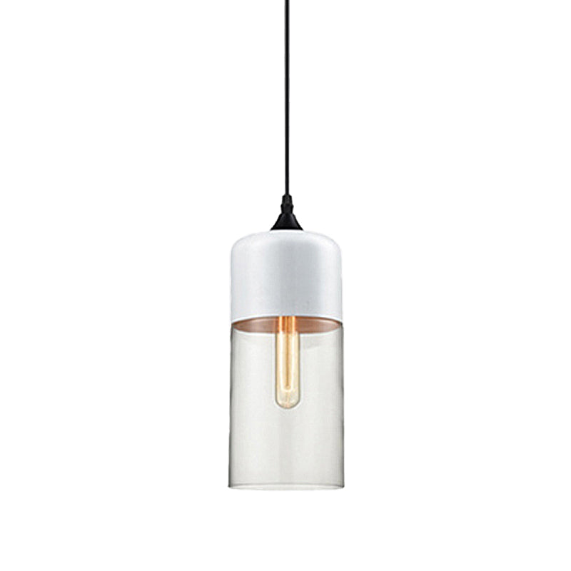 Modern 1-Light Drum/Cylinder/Jar Suspension Pendant – Clear/Yellow Glass White/Black Fixture