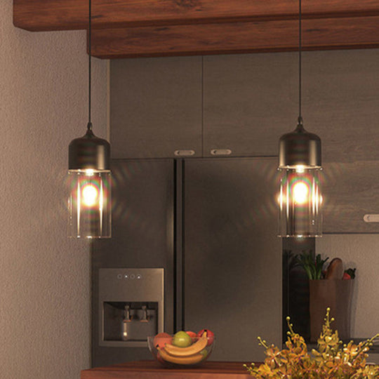 Modern 1-Light Glass Suspension Pendant In White/Black - 5/7/8 Wide Drum/Cylinder/Jar Clear/Yellow