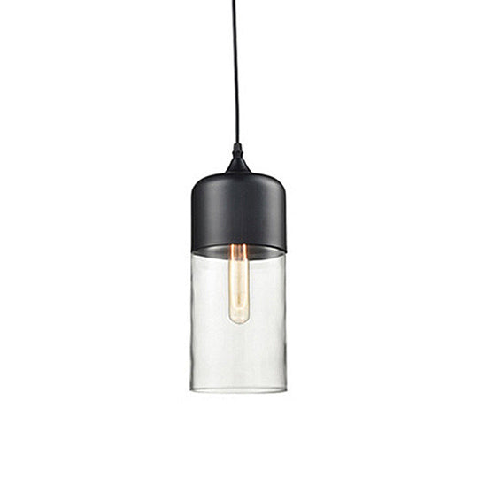 Modern 1-Light Drum/Cylinder/Jar Suspension Pendant – Clear/Yellow Glass White/Black Fixture