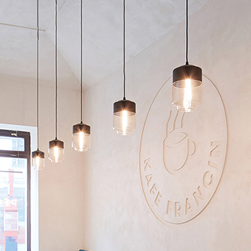 Modern 1-Light Glass Suspension Pendant In White/Black - 5/7/8 Wide Drum/Cylinder/Jar Clear/Yellow