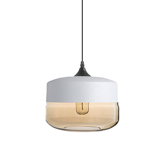 Modern 1-Light Glass Suspension Pendant In White/Black - 5/7/8 Wide Drum/Cylinder/Jar Clear/Yellow