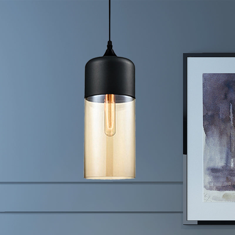 Modern 1-Light Glass Suspension Pendant In White/Black - 5/7/8 Wide Drum/Cylinder/Jar Clear/Yellow