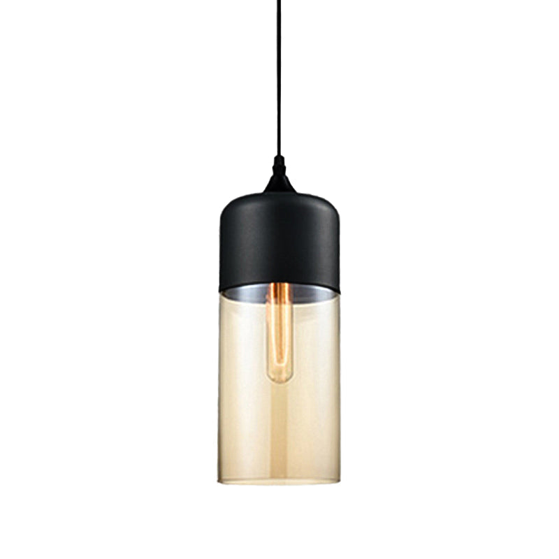 Modern 1-Light Drum/Cylinder/Jar Suspension Pendant – Clear/Yellow Glass White/Black Fixture