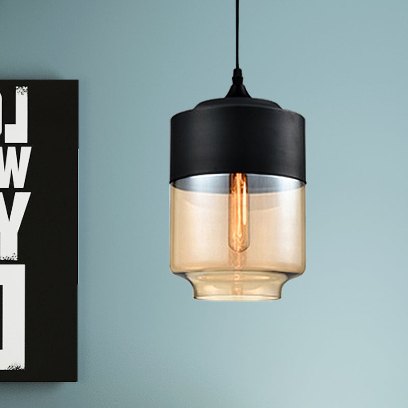 Modern 1-Light Glass Suspension Pendant In White/Black - 5/7/8 Wide Drum/Cylinder/Jar Clear/Yellow