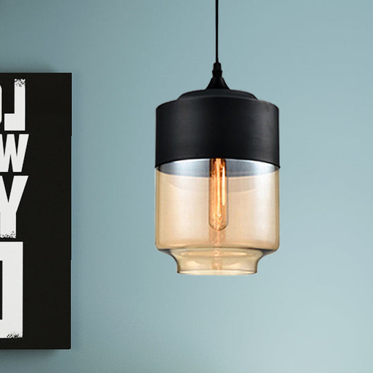 Modern 1-Light Glass Suspension Pendant In White/Black - 5/7/8 Wide Drum/Cylinder/Jar Clear/Yellow
