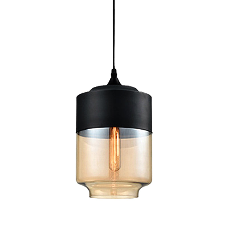 Modern 1-Light Glass Suspension Pendant In White/Black - 5/7/8 Wide Drum/Cylinder/Jar Clear/Yellow