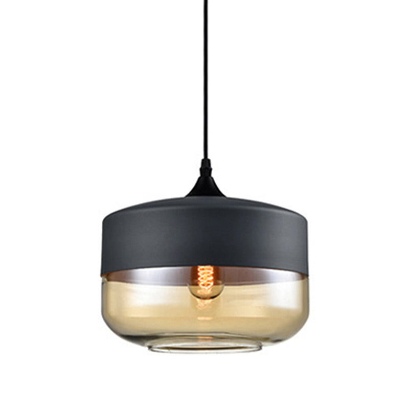 Modern 1-Light Drum/Cylinder/Jar Suspension Pendant – Clear/Yellow Glass White/Black Fixture