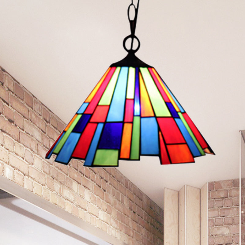 Tiffany Stained Glass Conical Hanging Lamp - Black Ceiling Pendant For Dining Room (12’/16’