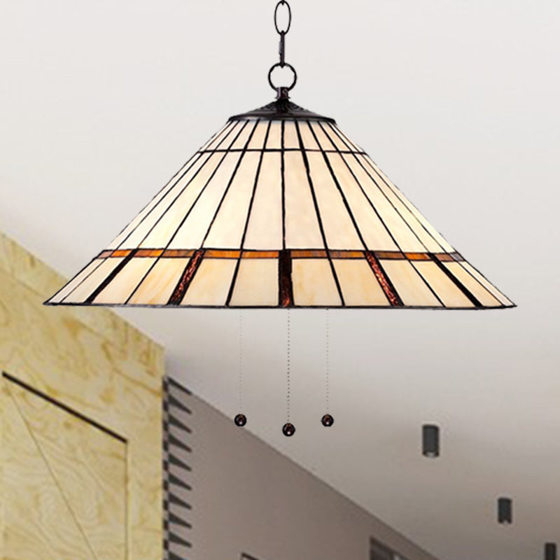 Tiffany Style White Glass Hanging Lamp With Metal Chain - 1 Bulb Conical Shape 16’/19.5 W / 19.5’
