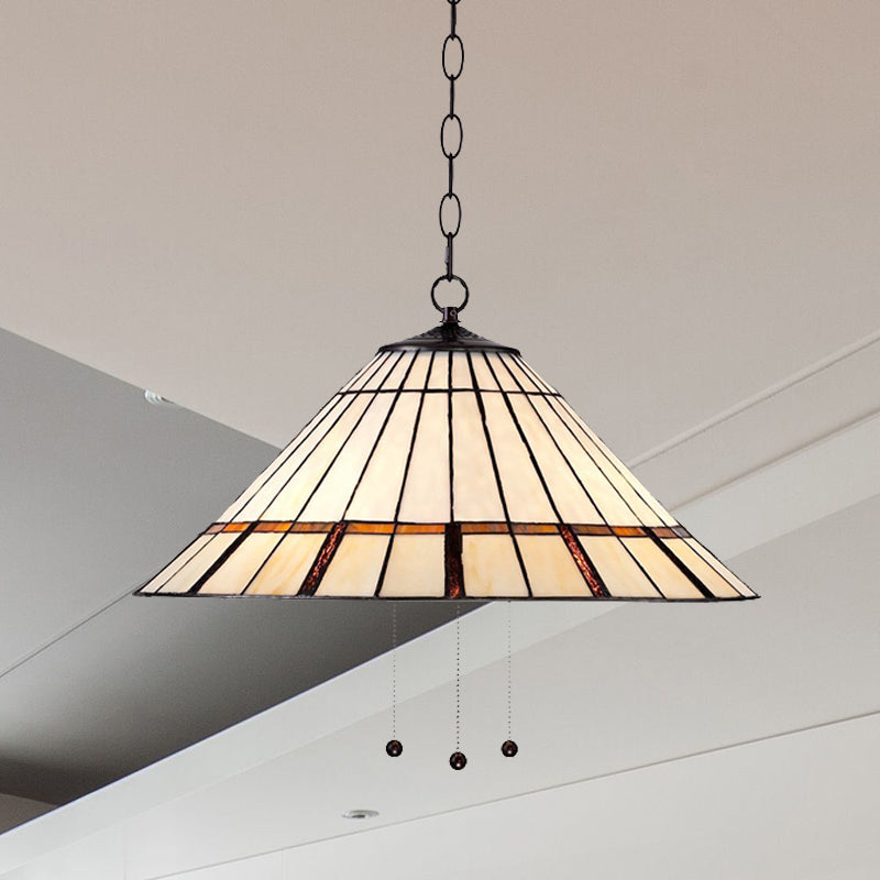 Tiffany Style White Glass Hanging Lamp With Metal Chain - 1 Bulb Conical Shape 16’/19.5 W
