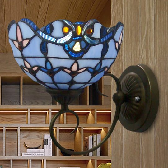 Bowl Wall Mount Light With Curved Arm - 1 Stained Glass Victorian Sconce In Brown/Blue