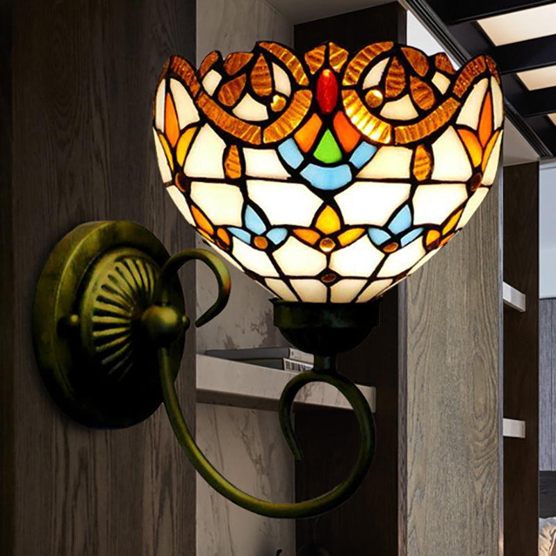 Bowl Wall Mount Light With Curved Arm - 1 Stained Glass Victorian Sconce In Brown/Blue