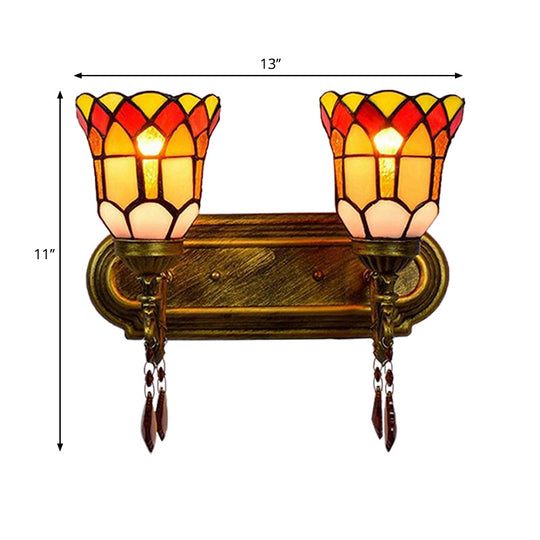 Stained Glass Bell Wall Sconce With Crystal Accents - Rustic Lodge Style In Brass (2 Lights)