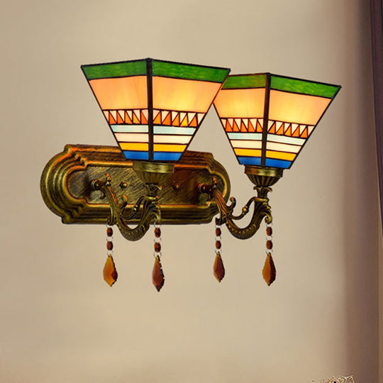 Stained Glass 2-Head Wall Sconce Light For Living Room Mission Pyramid Design