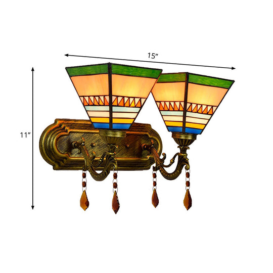 Stained Glass 2-Head Wall Sconce Light For Living Room Mission Pyramid Design