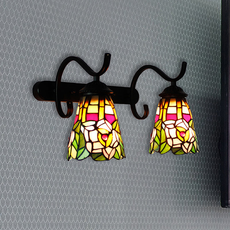 Peacock Tail Stained Glass Wall Sconce With Dual Cone Lights And Rustic Black Backplate