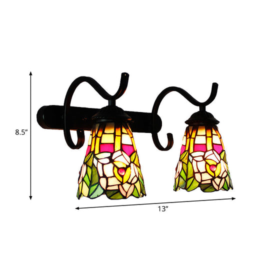 Peacock Tail Stained Glass Wall Sconce With Dual Cone Lights And Rustic Black Backplate