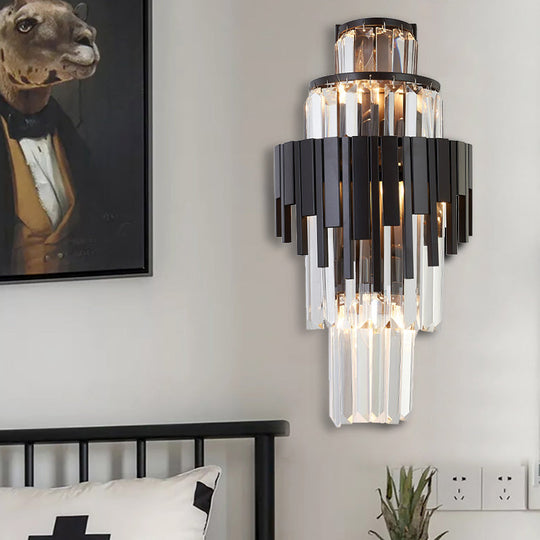 Modern Tiered Sconce Wall Lamp With Clear Crystal And Metal 3 Heads 14/19.5 Height Black / 19.5