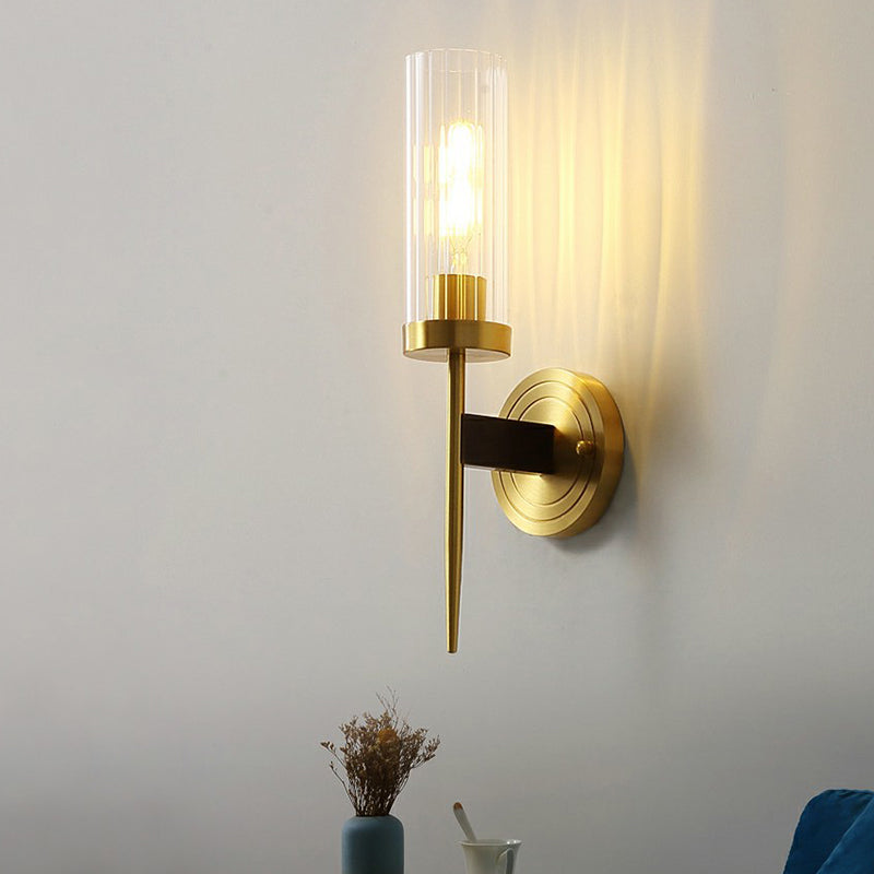 Modern Glass Tube Wall Sconce With Prismatic Design & Brass Finish For Living Room