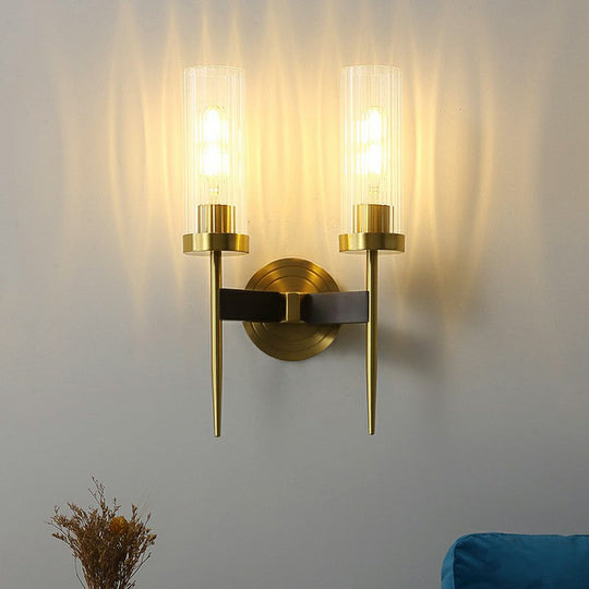 Modern Glass Tube Wall Sconce With Prismatic Design & Brass Finish For Living Room