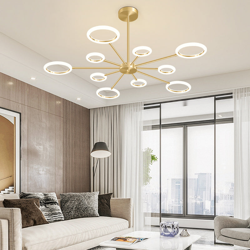 Minimalistic Metal Sputnik Led Chandelier - Gold Hanging Light With Acrylic Shade