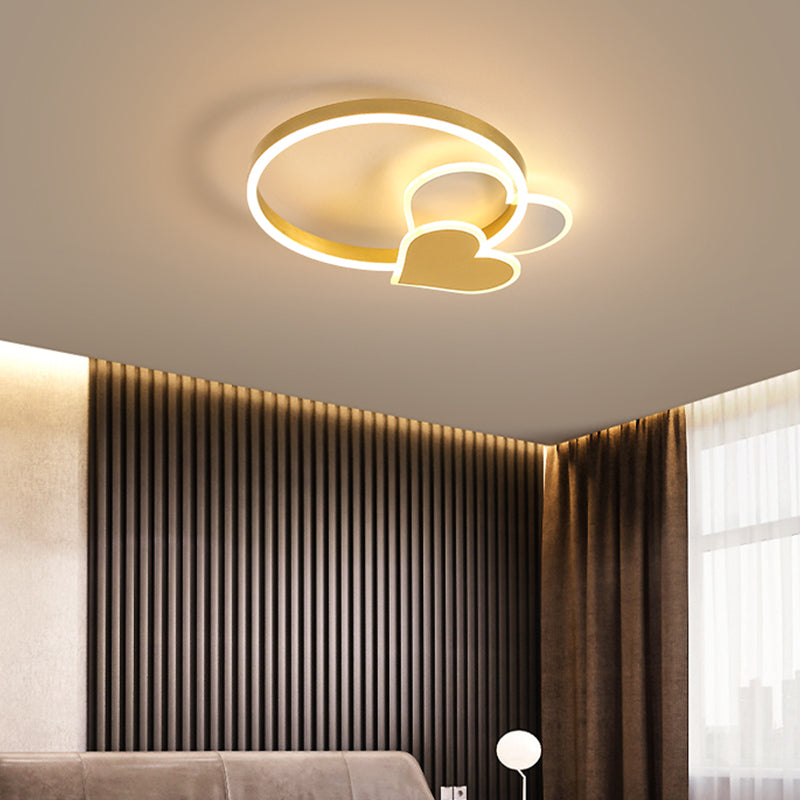 Golden Love Led Flush Mount Ceiling Light For Bedroom - Minimalist Acrylic Design With Metal Ring