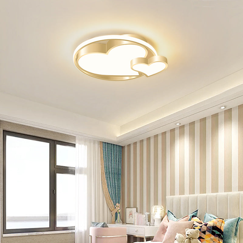 Golden Metal Flush Mount Ceiling Light With Double Heart Design For Modern Bedroom Lighting