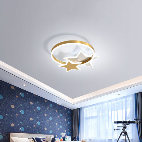 Gold Star And Circle Led Ceiling Flush Mount Light For Kids Room – Childrens Metal Fixture /