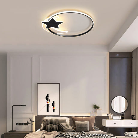 Black Ring Led Ceiling Flush Light With Moon And Star Decor - Simplicity Metal Mount Lamp / 16