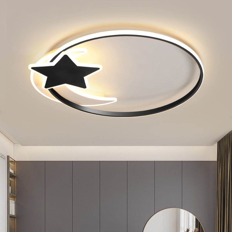 Black Ring Led Ceiling Flush Light With Moon And Star Decor - Simplicity Metal Mount Lamp