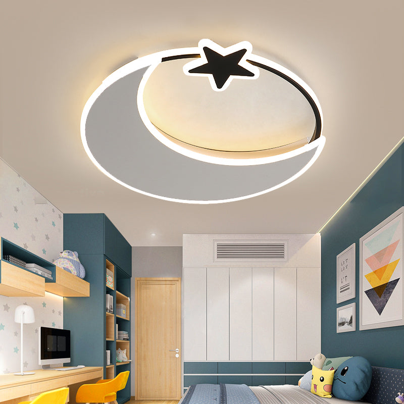 Kids Led Moon And Star Ceiling Light Fixture - Acrylic Black-White Flush Mount For Bedroom / 16.5