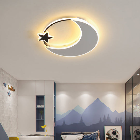 Kids Led Moon And Star Ceiling Light Fixture - Acrylic Black-White Flush Mount For Bedroom / 16.5