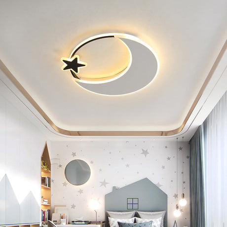 Kids Led Moon And Star Ceiling Light Fixture - Acrylic Black-White Flush Mount For Bedroom