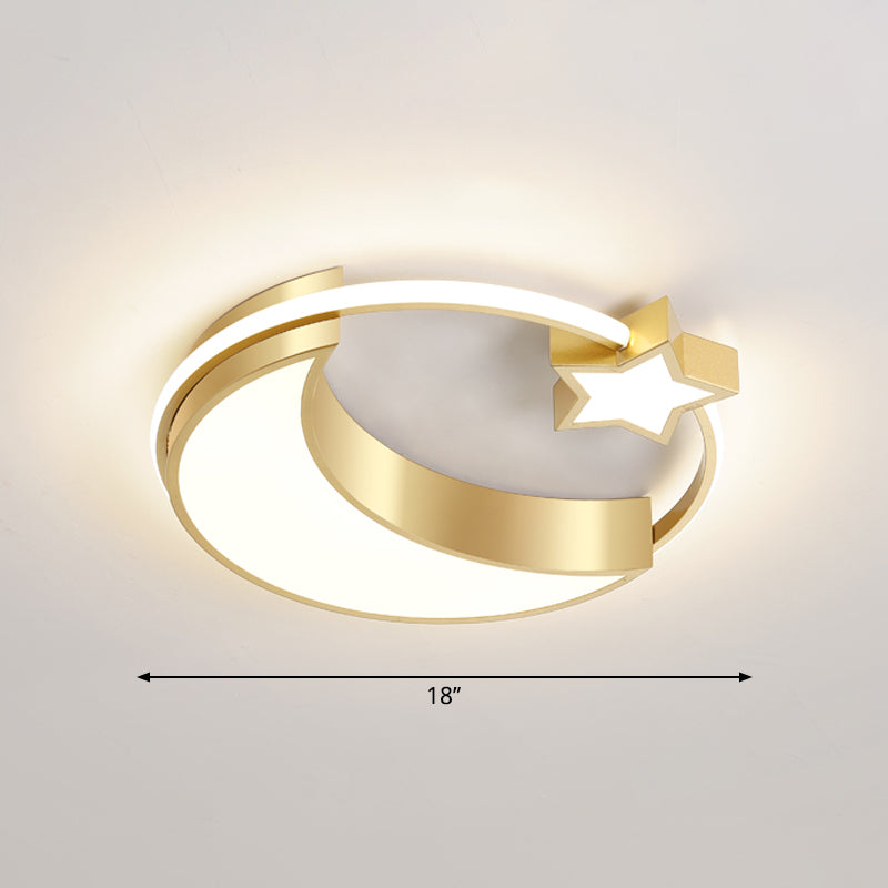 Golden Moon And Star Led Flush Mount: Nordic Acrylic Ceiling Light For Nursery Gold / 18’ Remote