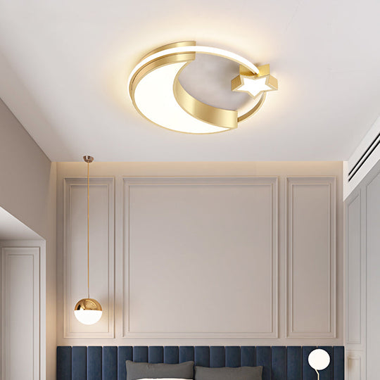 Golden Moon And Star Led Flush Mount: Nordic Acrylic Ceiling Light For Nursery